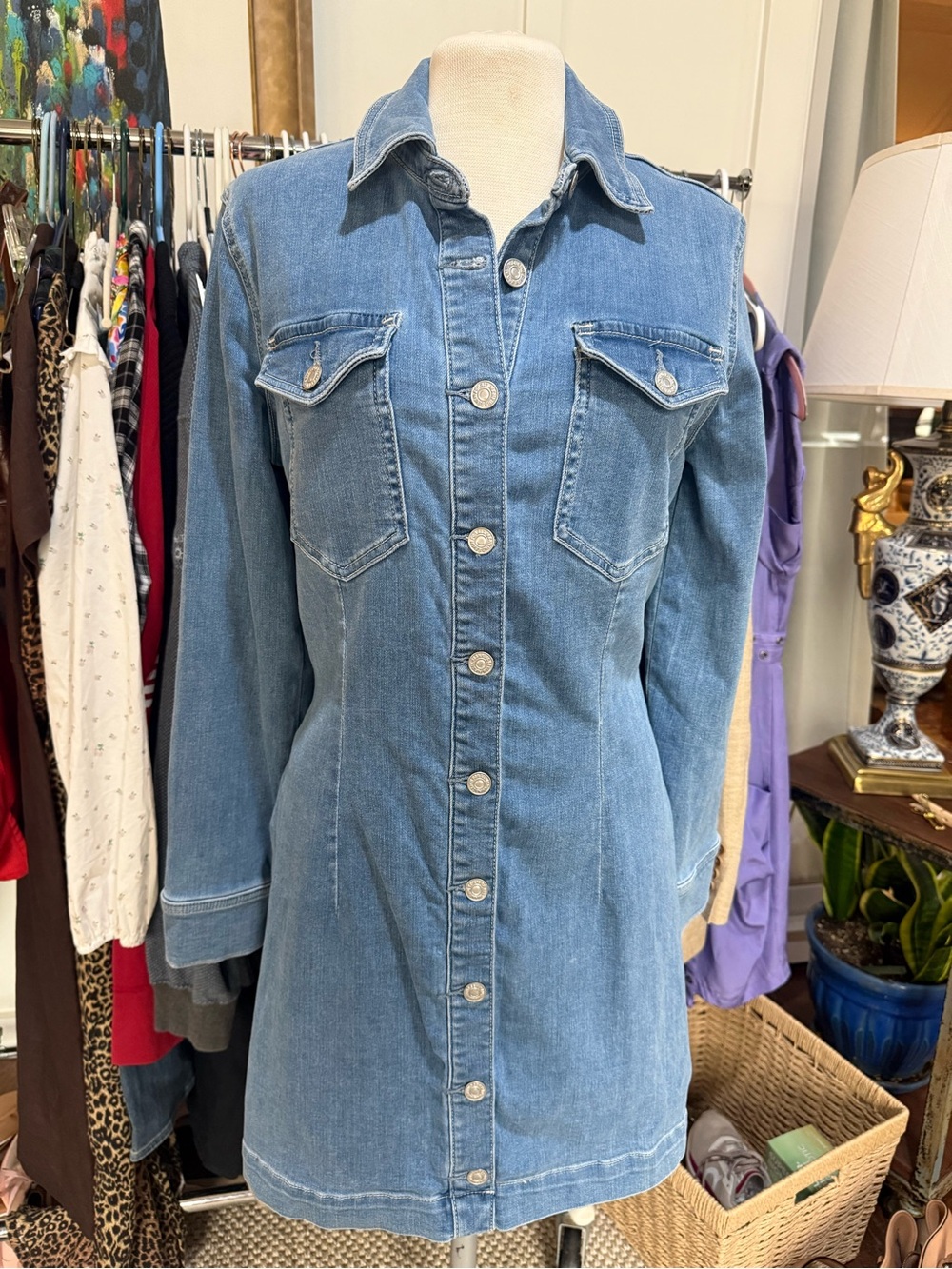 Seven 7 for all Mankind Washed Blue Denim Button-Front Shirt Dress